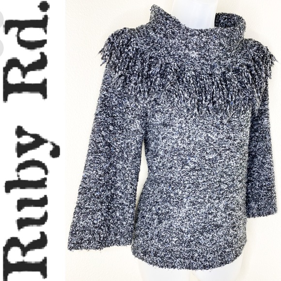 Ruby Rd. Sweaters - RUBY RD Fringe Cowl Neck Heathered Gray Sweater